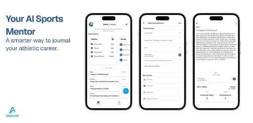 Athlenote app screens showing the AI sports mentor interface